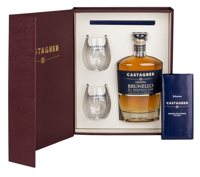 Grappa da Brunello Riserva 12 Mesi Ajándékcsomag 2 Pohárral és Csoki Castagner 0,50L
