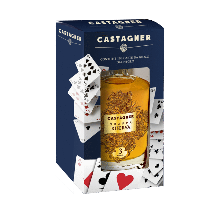 Grappa da Brunello 12 Mesi Barrique Regina di Cuori con Carte da Gioco Castagner 50cl