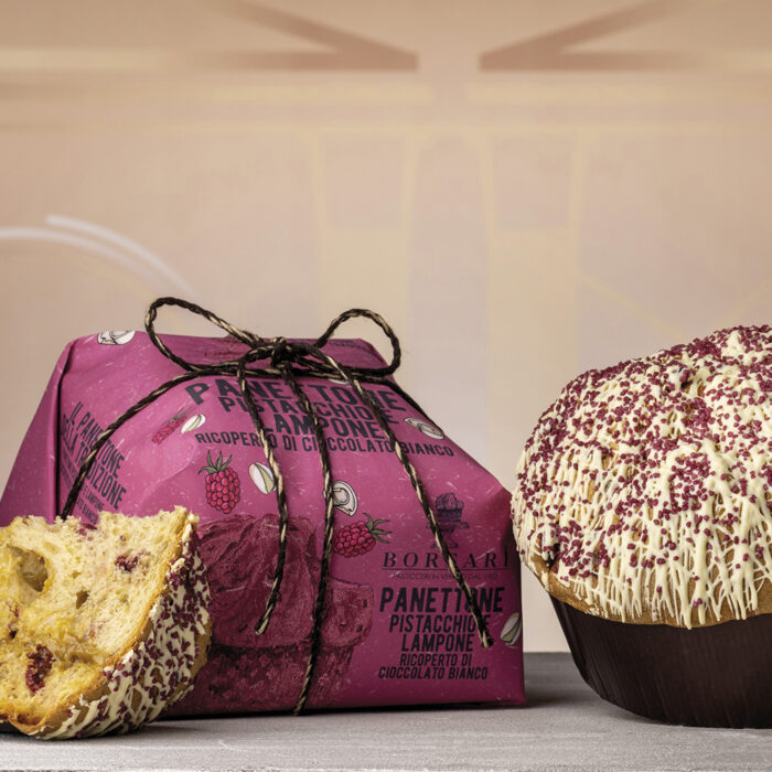 Panettone al Pistacchio e Lamponi con Cioccolato Bianco-Panettone Pisztácia Krémmel Málnával Fehér Csokoládéval 750 g Borsari